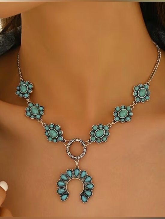 Jewelry - Western Turquoise Floral Statement Necklace Bohemian Necklace Cowgirl Necklace
